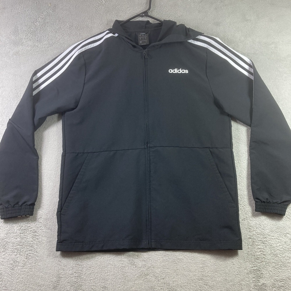 Adidas Jacket Adult Medium Black Hooded Full Zip Logo Pockets Sports Outdoor